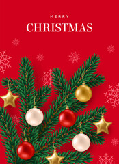Merry Christmas Happy New Year poster, 3d bauble decoration hanging on fir tree branch, gold stars toy. Vector illustration. Holiday red background. Xmas 2026 Eve Party card template. Place for text