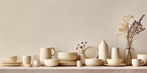 A minimalist arrangement of cream-colored ceramic tableware and dried flowers on a light beige surface against a beige wall