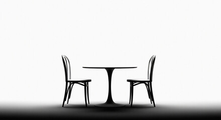 Minimalist bistro setting two empty chairs and a table in stark contrast with dramatic shadows suggesting solitude and anticipation.