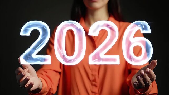 Future forward thinking woman holding glowing 2026 numbers symbolizing upcoming innovation and growth opportunities