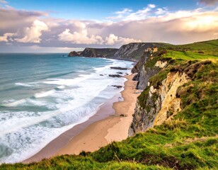 Fototapeta premium Coastal Cliffs and Sandy Beach at Sunrise.