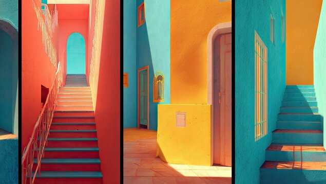 Three sections of a vibrant, colorful alleyway.  Bright, warm tones of orange, yellow, and teal.  Stairs lead upwards in each section,