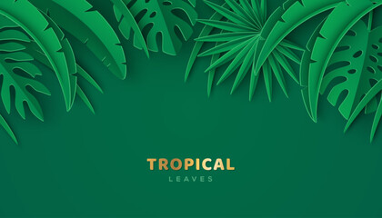 Tropical Leaves Summer Banner. Green Jungle Border Frame. Hawaiian vacation sale flyer template. Vector paper cut illustration. Palm silhouette cutout ecology modern poster. Rainforest tropic foliage