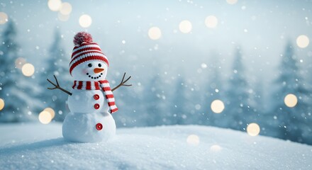Fototapeta premium Charming snowman standing in a snowy winter forest decorated with festive lights and bokeh effects
