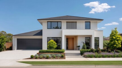 Fototapeta premium Modern suburban house with elegant façade and landscaped garden under clear blue sky
