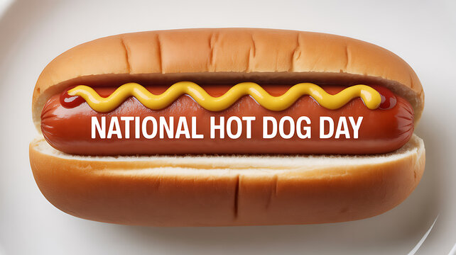 A hot dog with mustard on a bun, featuring the text 'NATIONAL HOT DOG DAY' across the sausage.