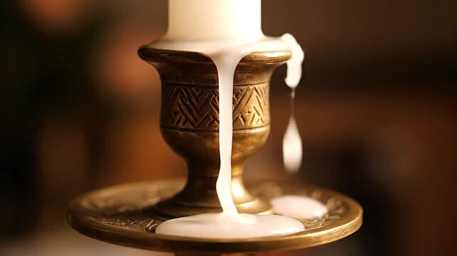Melted wax dripping over edge of brass candlestick