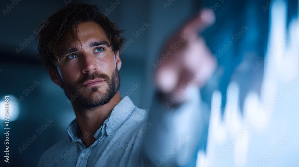 Aufkleber a focused businessman points at a glowing digital growth chart on a modern touchscreen display in a 