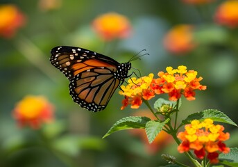 Obraz premium Monarch butterfly resting on vibrant lantana flowers in a sunlit garden capturing the beauty of nature and insect life