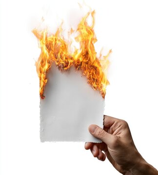 A hand holds a burning piece of white paper.  Flames engulf the paper's edges