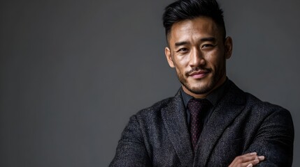 Obraz premium A confident middle aged Asian man wearing a suit and tie with arms crossed and looking directly at the in a studio setting