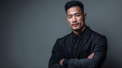 Fototapeta premium A confident businessman in a dark suit with arms crossed against a neutral studio background