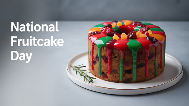 National Fruitcake Day celebration with a colorful fruitcake decorated with icing and dried fruits
