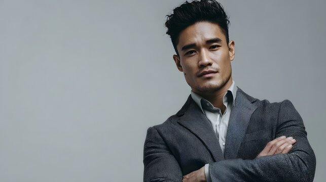 A confident businessman with arms crossed in a grey suit posing against a neutral studio background
