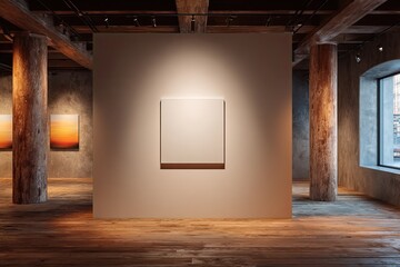 Empty gallery wall with large blank canvas.  Wooden beams, pillars, and hardwood floor.  Natural light from windows