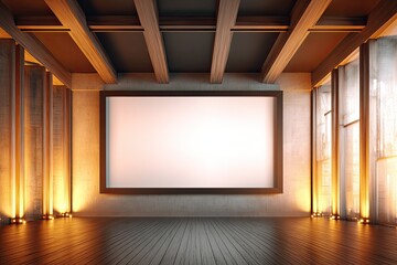 Empty gallery wall, wooden beams, modern aesthetic
