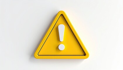 A 3D rendered yellow triangular warning sign with a white exclamation mark against a white background.  The sign has a slightly raised border