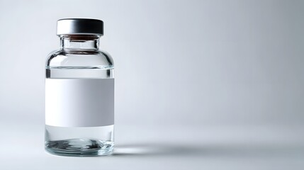 A clear glass medicine vial with a blank white label rests against a soft neutral background