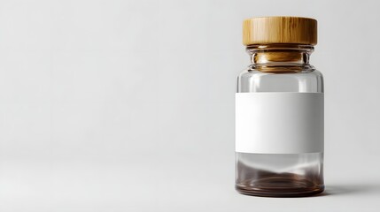 Glass vial with wooden cap and blank label on clean white background suitable for product branding medical or cosmetic applications