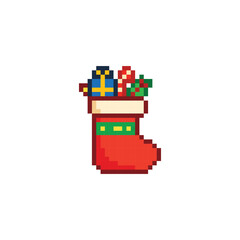 pixel art christmas sock with candy vector icon pixel element for 8 bit game