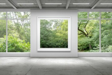 A white framed picture of a lush green forest hangs in a spacious, modern gallery.  Large windows frame a verdant outdoor scene