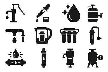 Purification testing icons purifier survival uv machine pump droplet water sparkles vector