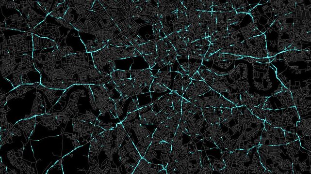 Urban Traffic Flow Map Simulation in London, United Kingdom, GPS Smart city route Transportation