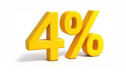 A 3D rendering of a bright yellow four percent sign against a clean white background, casting a subtle shadow