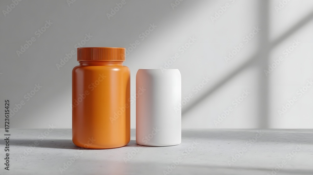 Poster two modern pill bottles with caps displayed on a clean minimalist textured surface with soft shadows