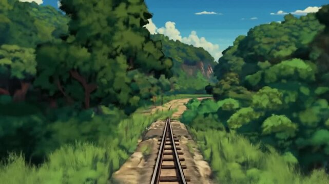 Scenic railroad track through lush foliage