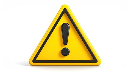 A 3D rendering of a yellow warning triangle with a black exclamation mark inside, set against a white background, exhibiting a slight shadow