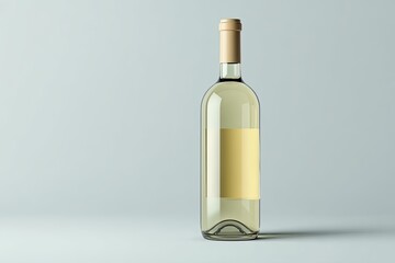 A clear glass wine bottle, light beige label