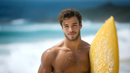 man with surfing board at beach, sea and ocean for summer holiday, standing on sandy shore, enjoying ocean breeze, ready to surf, tropical travel adventure, active lifestyle an