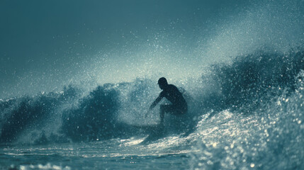 Surfing athlete riding a wave during sunset with ocean spray creating a dramatic silhouette in a moody and atmospheric coastal environment.