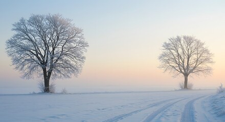 Serene winter landscape with two frosty trees silhouetted against a softly colored sunrise or sunset sky peaceful and cold atmosphere
