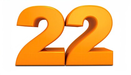 A 3D rendering of the number twenty-two, presented in a bold, orange, and slightly glossy font against a stark white background