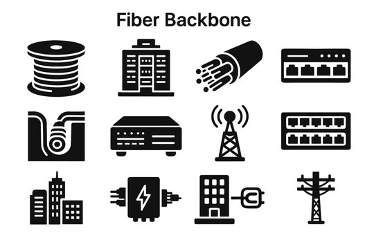 Node backbone icon panel vector conduit fiber icons data signal cable core