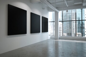Three black canvases on white walls of a modern art gallery, city view