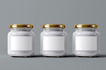 Three clear glass jars, light gray/white sauce, blank labels, gold lids