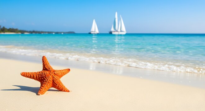 Vibrant orange starfish rests on a pristine sandy beach with turquoise ocean waves and distant sailboats under a clear blue sky for tropical vacation paradise.