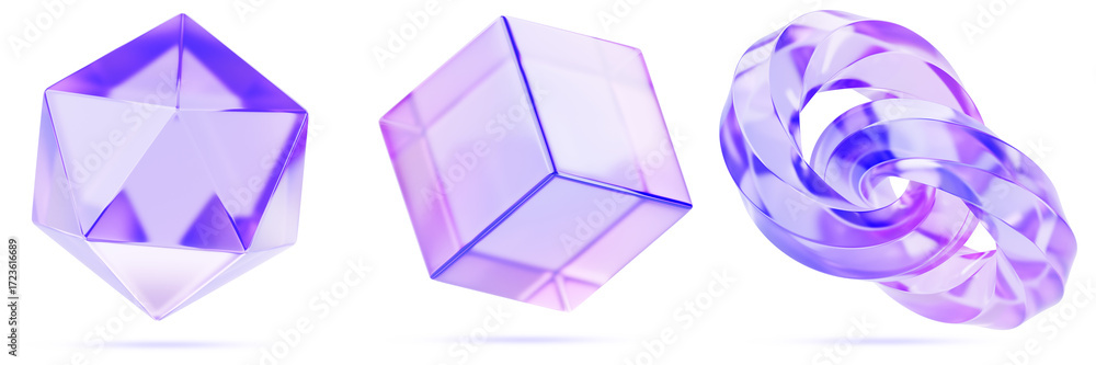 Poster glass holographic hexagon, cube and chain of spiral links 3d render icon set. abstract geometric sha