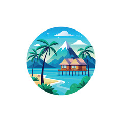 Tropical beach with palm trees, overwater bungalow, turquoise ocean, and mountains in the background, flat vector illustration in vibrant color