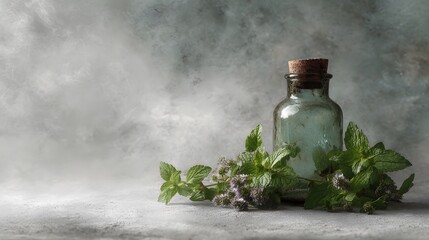 A vintage glass bottle of herbal essence with fresh mint sprigs and purple flowers on a misty gray background