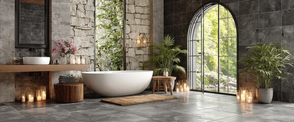 Rustic, stone-walled bathroom with a large soaking tub, natural light, and plants.  A wooden vanity and candles create a tranquil spa-like feel