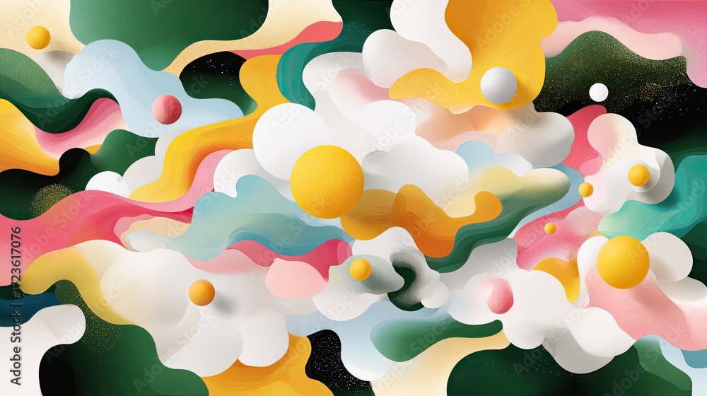 Poster colorful abstract waves with swirling patterns and floating spheres in a dynamic composition of shap