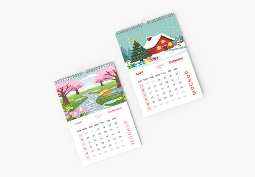 Top View Two Spiral Calendar Mockup