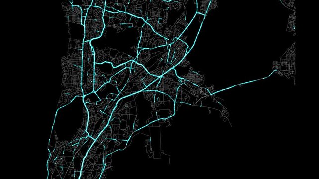 Urban Traffic Flow Map Simulation in Mumbai, India, GPS Smart city route Transportation