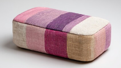 Rectangular, padded, fabric-covered stool.  Vibrant pink, purple, and beige stripes.  Studio shot