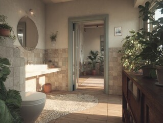 A sun-drenched, stylish bathroom with a view