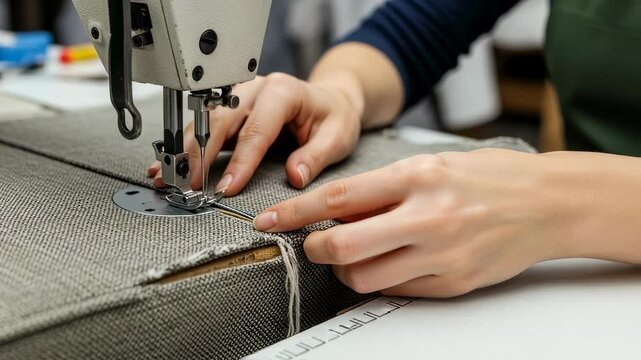 Woman operating a sewing machine, stitching fabric in upholstery workshop, a close-up of professional skill and industry work, video